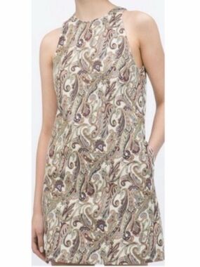 Zara Damask Print Paisley Halter Shift Dress in Neutral Tones